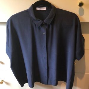 Everlane short sleeve navy silk blouse